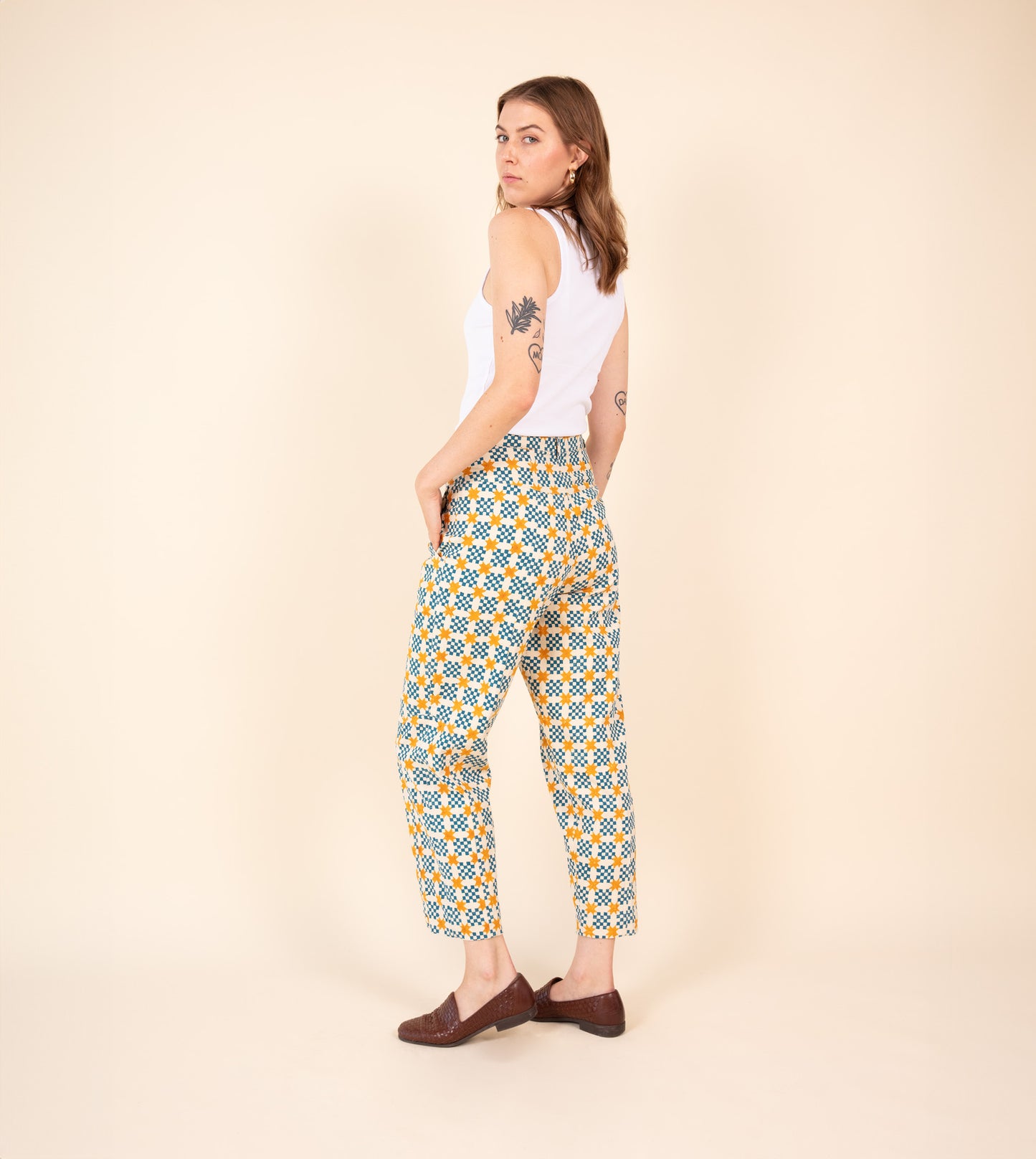 Emi Pants Star Gingham - Harkoi Studio - Add a playful touch to your wardrobe with the Emi Pants in star gingham. Keywords: sustainable pants, eco-friendly trousers, Emi Pants, star gingham trousers, ethical fashion.