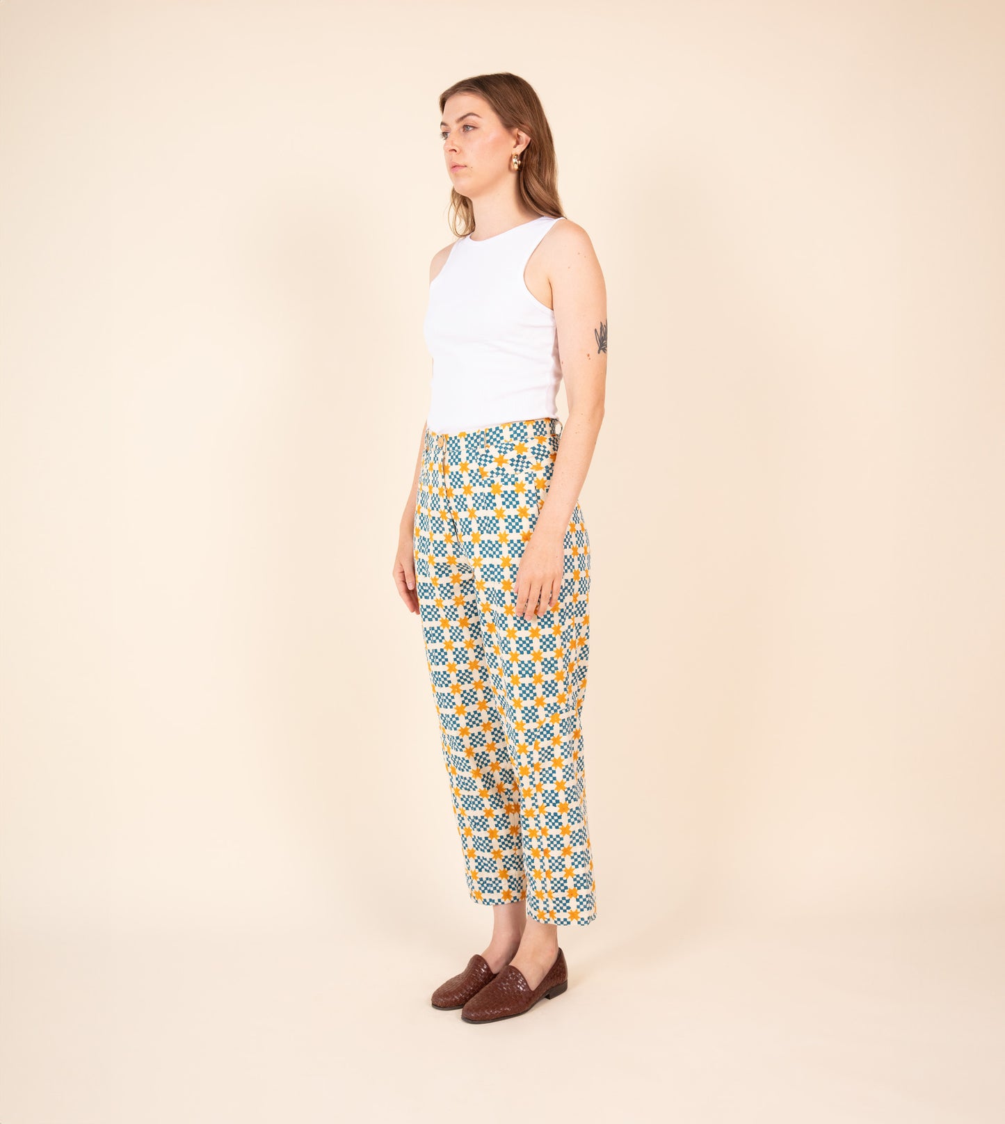 Emi Pants Star Gingham - Harkoi Studio - Add a playful touch to your wardrobe with the Emi Pants in star gingham. Keywords: sustainable pants, eco-friendly trousers, Emi Pants, star gingham trousers, ethical fashion.