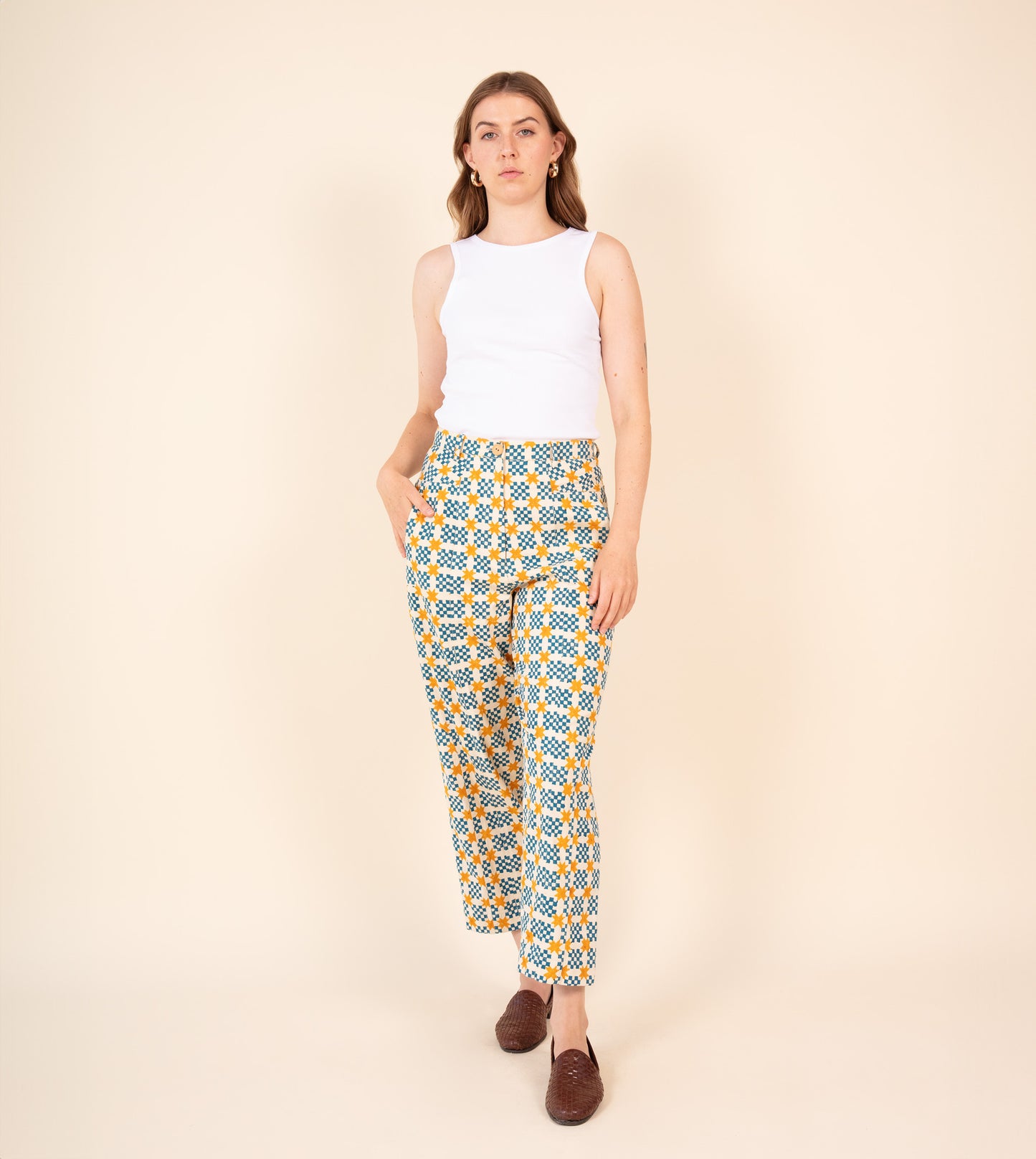 Emi Pants Star Gingham - Harkoi Studio - Add a playful touch to your wardrobe with the Emi Pants in star gingham. Keywords: sustainable pants, eco-friendly trousers, Emi Pants, star gingham trousers, ethical fashion.