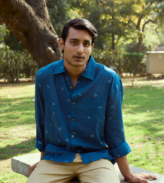 Men’s full-sleeve jamdani cotton shirt with tetris weave pattern and corozo buttons, handcrafted style.