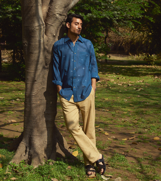 Men’s full-sleeve jamdani cotton shirt with tetris weave pattern and corozo buttons, handcrafted style.