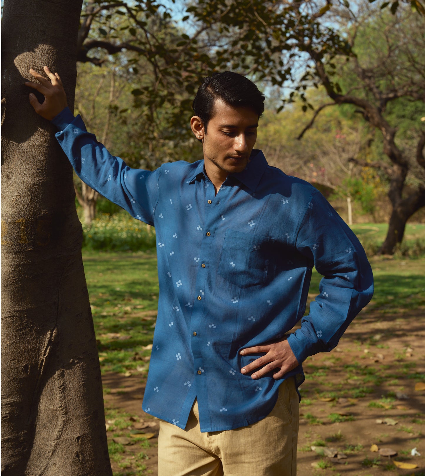 Men’s full-sleeve jamdani cotton shirt with tetris weave pattern and corozo buttons, handcrafted style.