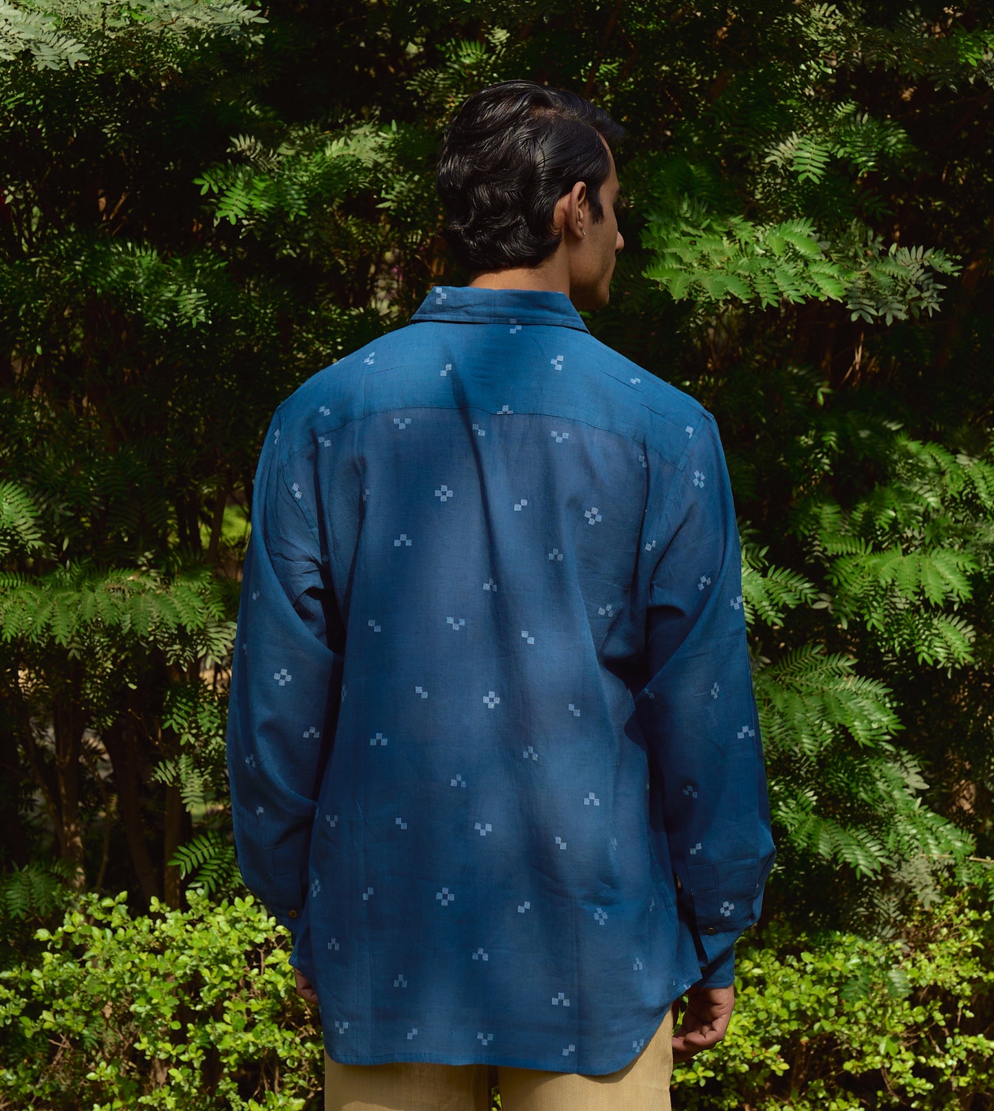 Men’s full-sleeve jamdani cotton shirt with tetris weave pattern and corozo buttons, handcrafted style.