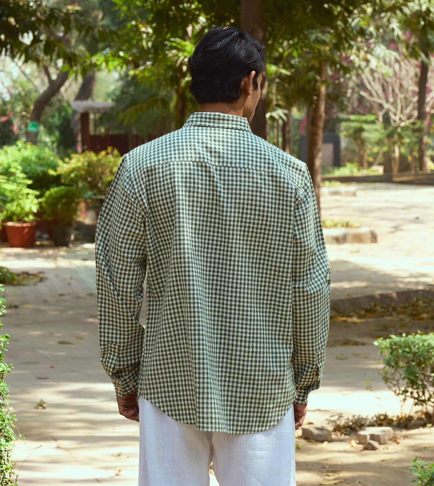 Men’s full-sleeve gingham kala cotton shirt with corozo buttons, designed for versatile styling.