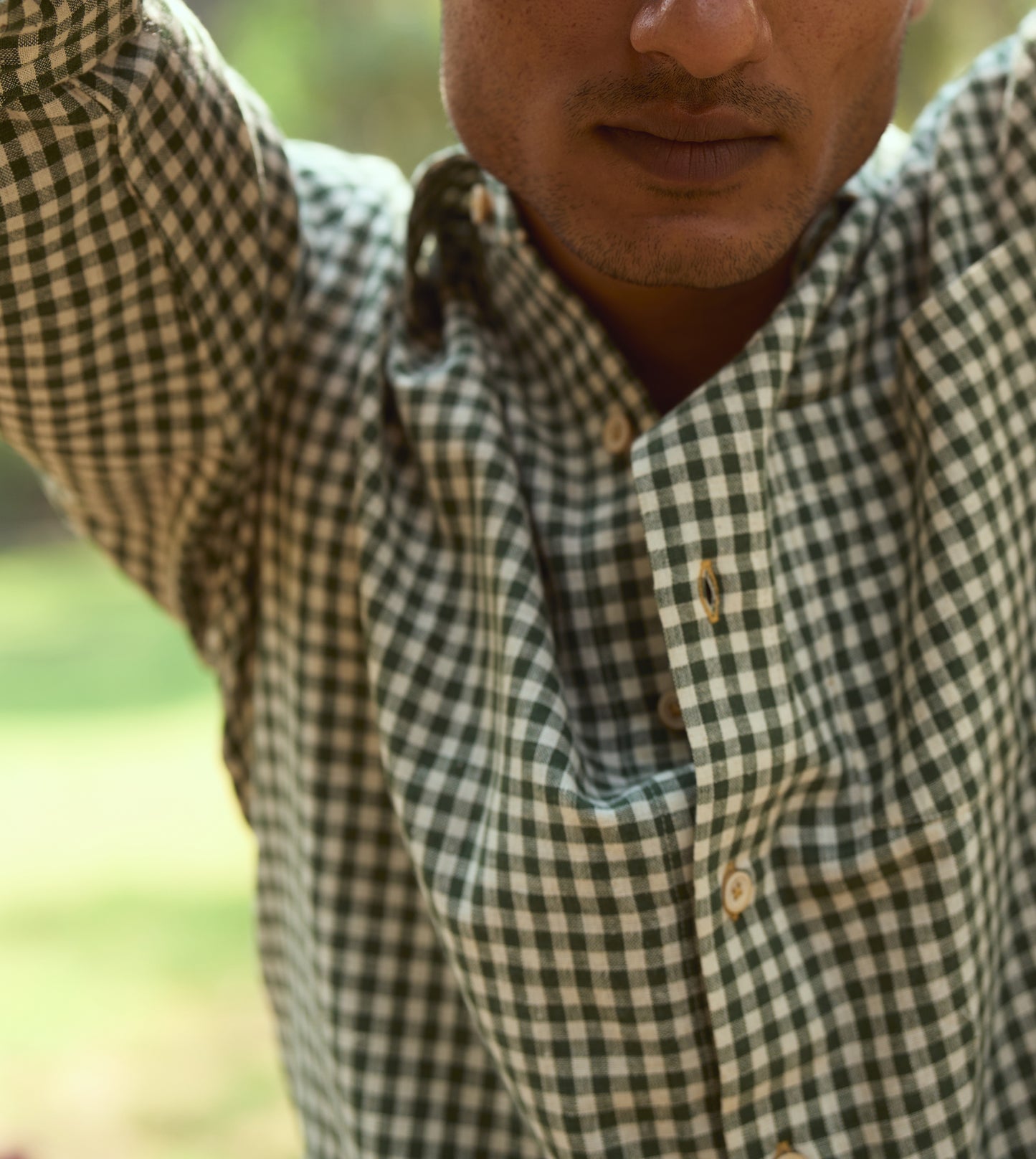 Men’s full-sleeve gingham kala cotton shirt with corozo buttons, designed for versatile styling.