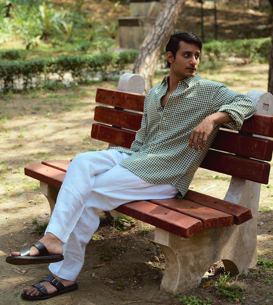 Men’s full-sleeve gingham kala cotton shirt with corozo buttons, designed for versatile styling.
