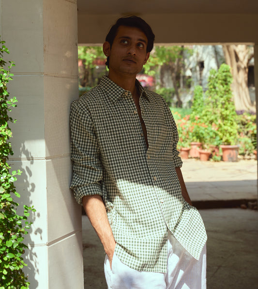 Men’s full-sleeve gingham kala cotton shirt with corozo buttons, designed for versatile styling.