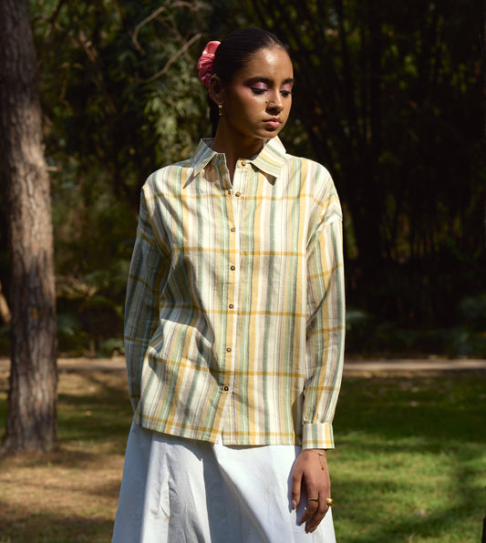 Theme striped Fuji shirt in handloom cotton with versatile styling, handcrafted for sustainable menswear.