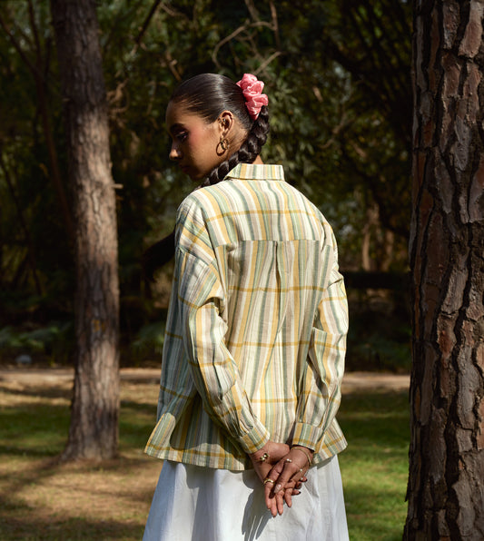 Theme striped Fuji shirt in handloom cotton with versatile styling, handcrafted for sustainable menswear.