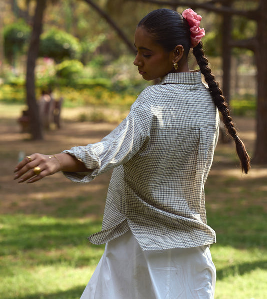 Sketchy check Fuji shirt made of soft khadi cotton, ideal for layering or casual wear, handcrafted in India.