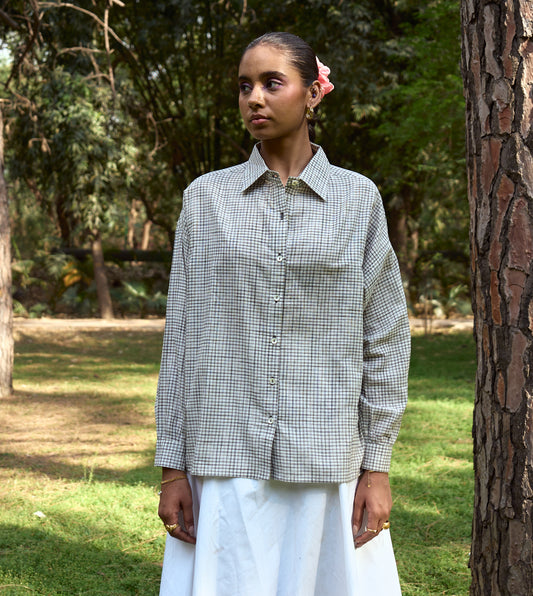 Sketchy check Fuji shirt made of soft khadi cotton, ideal for layering or casual wear, handcrafted in India.