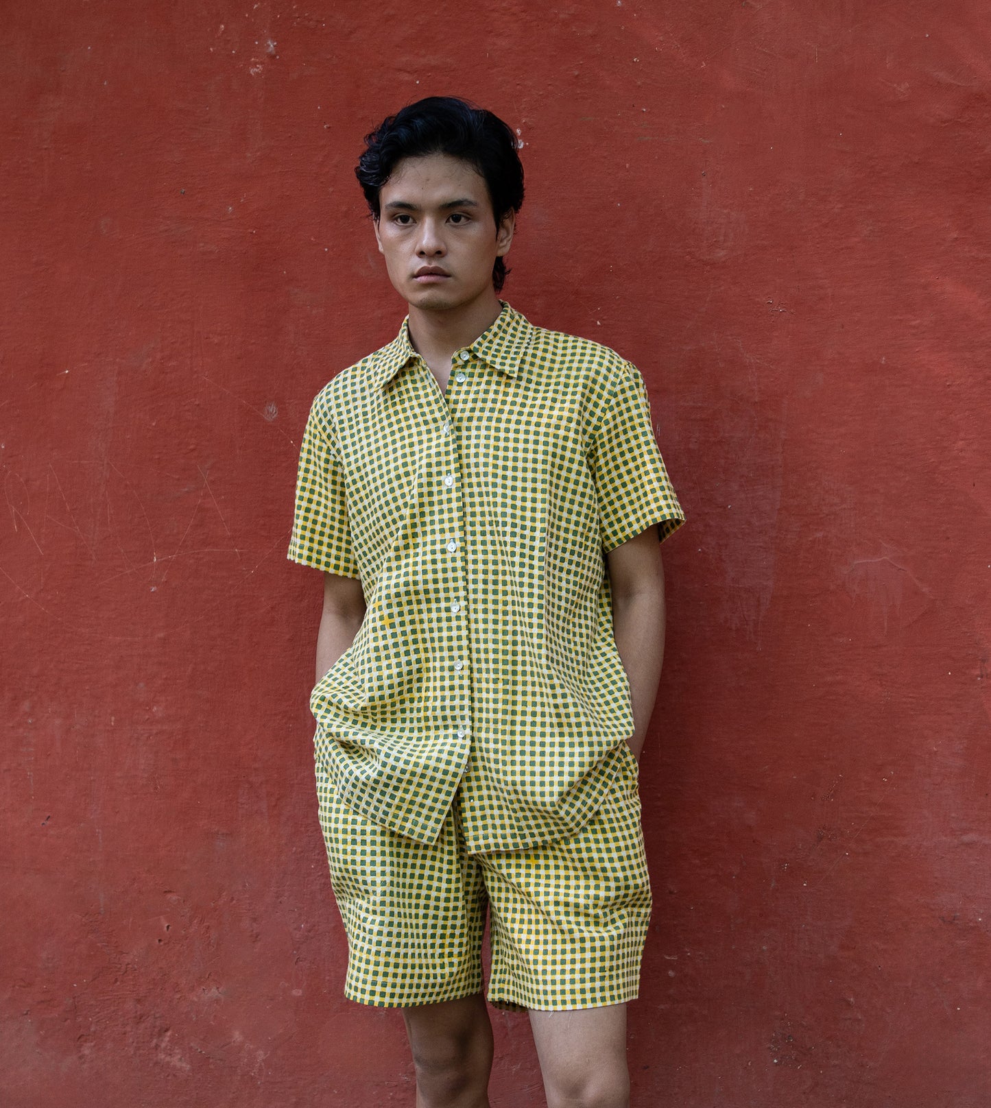 Mini Gingham MenŸ??s Shirt Green Yellow - Harkoi Studio - Upgrade your wardrobe with the Mini Gingham MenŸ??s Shirt in green & yellow. Keywords: sustainable men's shirt, eco-friendly menswear, Mini Gingham Shirt, green and yellow shirt, ethical fashion.