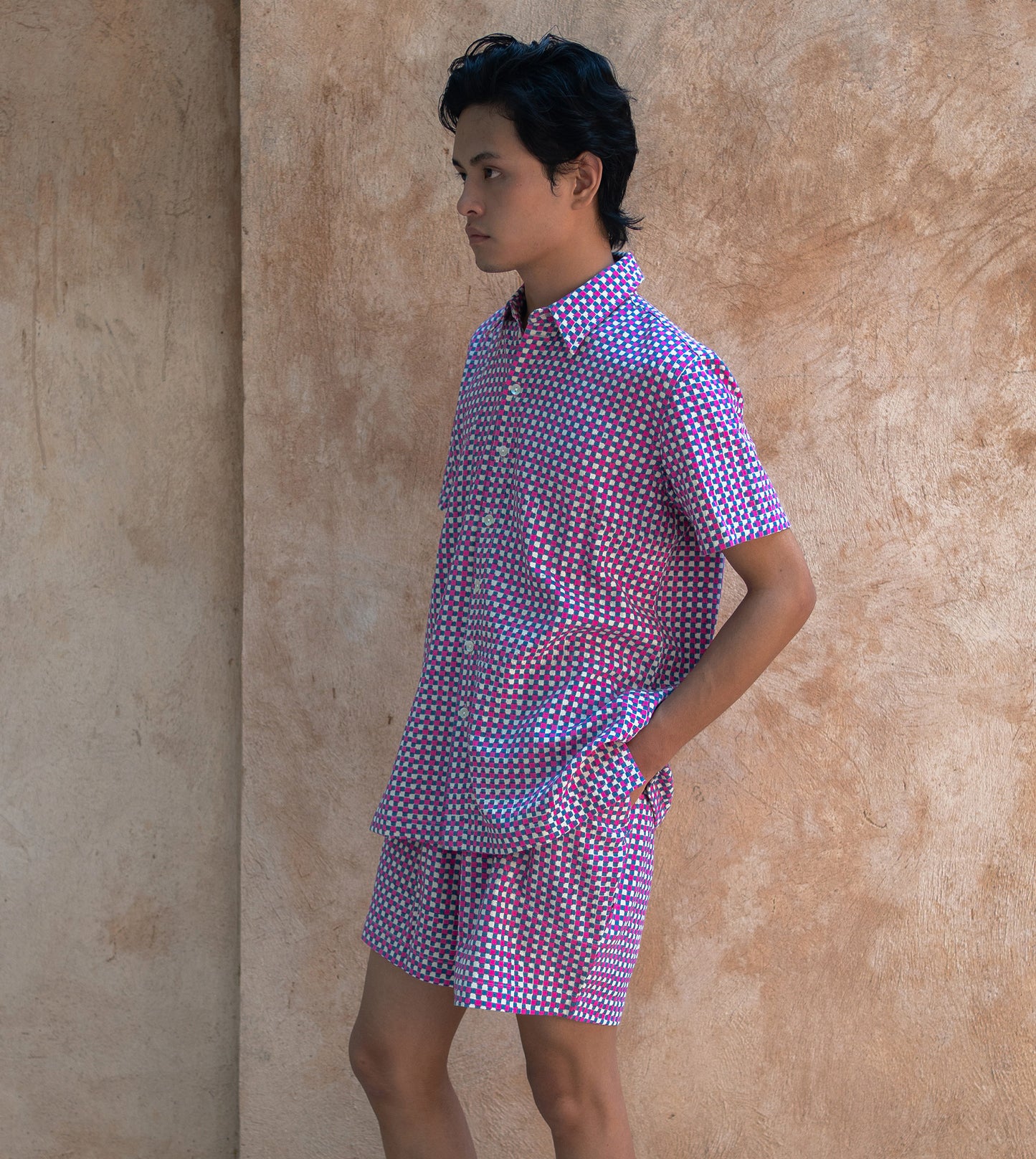Mini Gingham Mens Shorts Pink Blue - Harkoi Studio - Unleash your creativity with the Mini Gingham, a sustainable crafted with precision and care. Keywords: mini, gingham, men, s, shorts, pink, blue, sustainable blue, eco-friendly fashion, men s shorts pink.