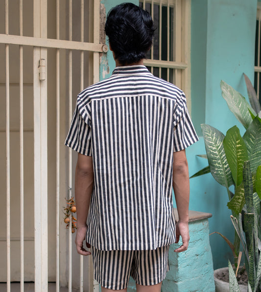 Striped MenŸ??s Shirt Black - Harkoi Studio - Elevate your style with the Striped Men's Shirt in black. Keywords: sustainable men's shirt, eco-friendly menswear, striped black shirt, ethical fashion, modern casual wear.
