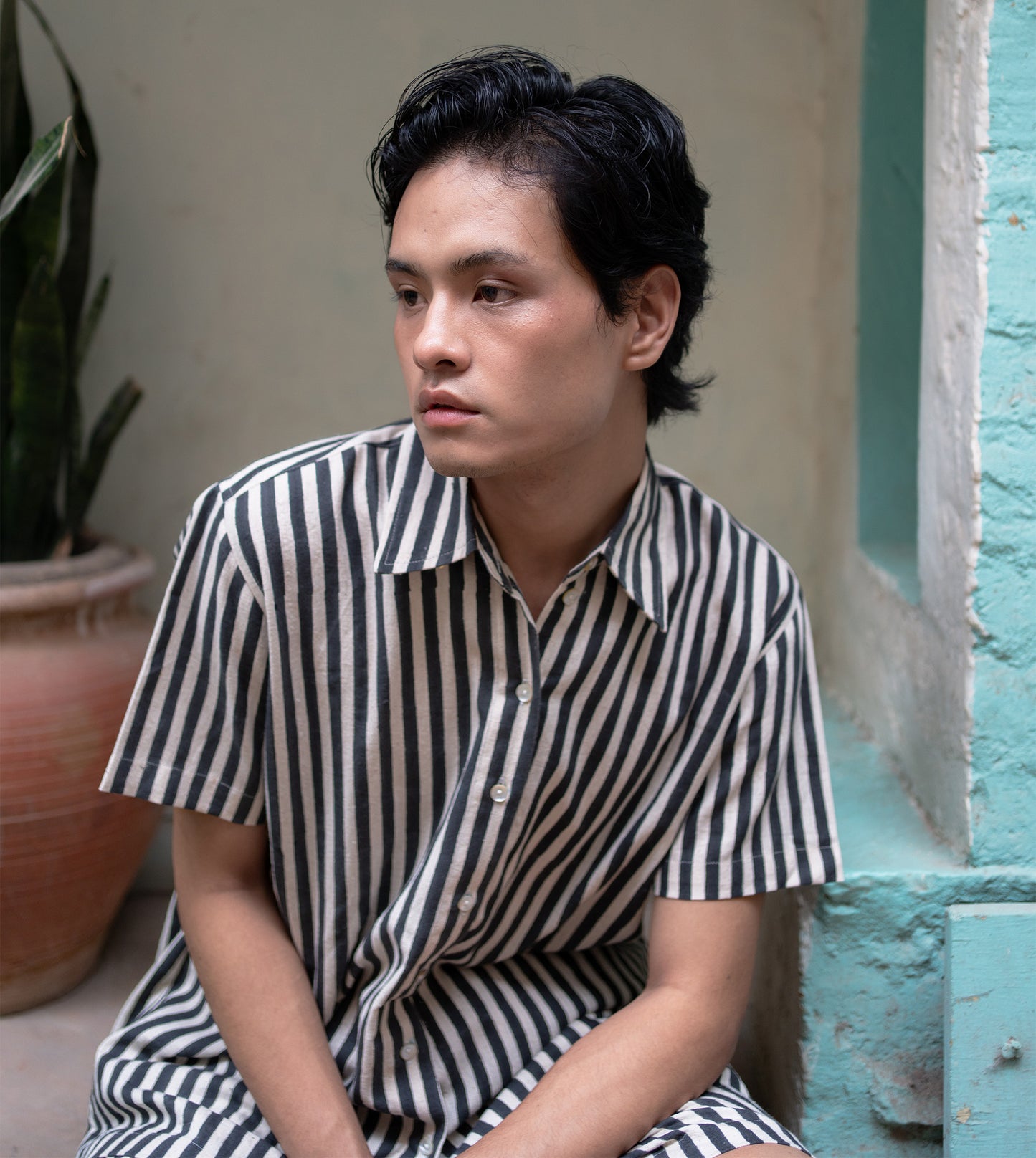 Striped MenŸ??s Shirt Black - Harkoi Studio - Elevate your style with the Striped Men's Shirt in black. Keywords: sustainable men's shirt, eco-friendly menswear, striped black shirt, ethical fashion, modern casual wear.