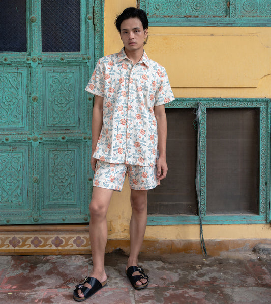 Rose Mosaic Mens Shorts Rust Blue | Harkoi Studio - Make a bold statement with the Rose Mosaic, a sustainable- with precision and care. Keywords: rose, mosaic, men, s, shorts, rust, blue, sustainable blue, eco-friendly fashion, men s shorts rust.