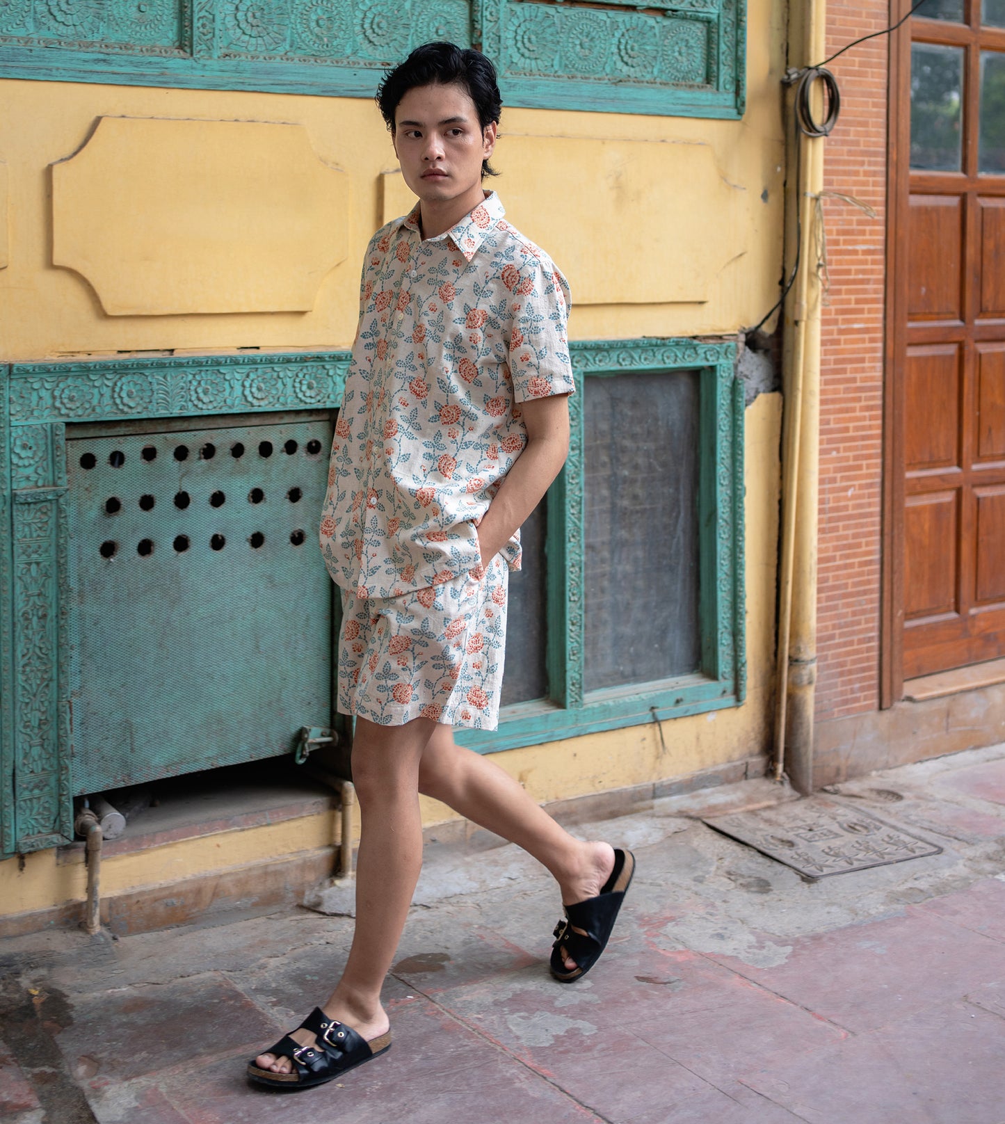 Rose Mosaic Mens Shorts Rust Blue | Harkoi Studio - Make a bold statement with the Rose Mosaic, a sustainable- with precision and care. Keywords: rose, mosaic, men, s, shorts, rust, blue, sustainable blue, eco-friendly fashion, men s shorts rust.