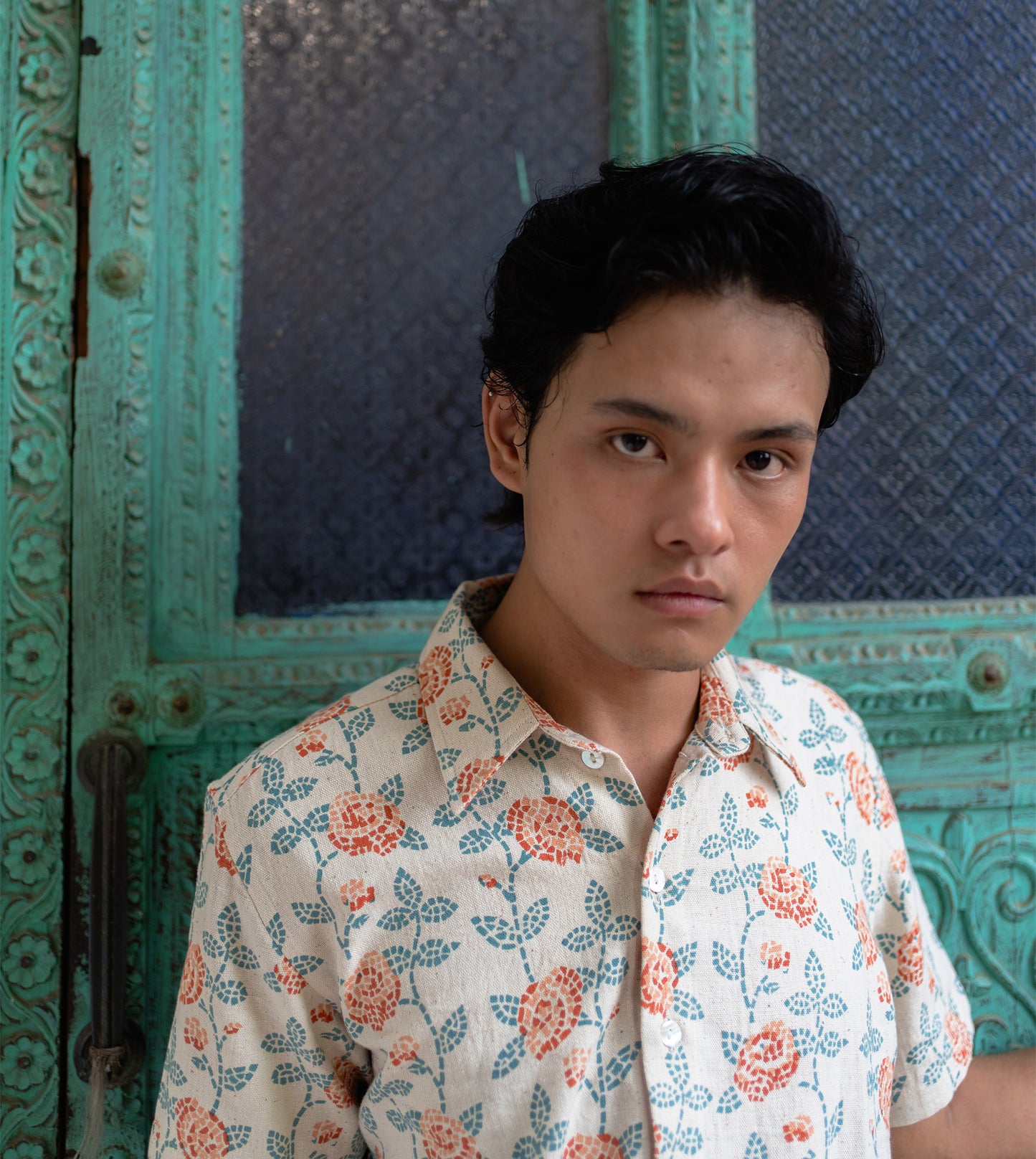 Rose Mosaic Mens Shirt Rust Blue | Harkoi Studio - Experience effortless charm in the Rose Mosaic, a sustainable- with precision and care. Keywords: rose, mosaic, mens, shirt, rust, blue, sustainable blue, eco-friendly fashion, mens shirt rust.