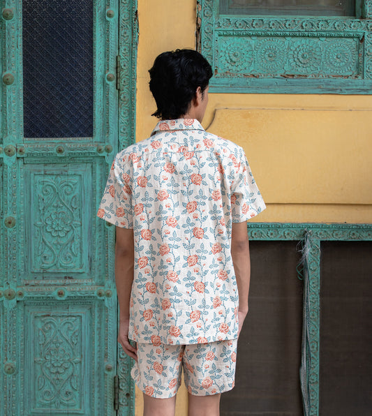 Rose Mosaic Mens Shirt Rust Blue | Harkoi Studio - Experience effortless charm in the Rose Mosaic, a sustainable- with precision and care. Keywords: rose, mosaic, mens, shirt, rust, blue, sustainable blue, eco-friendly fashion, mens shirt rust.