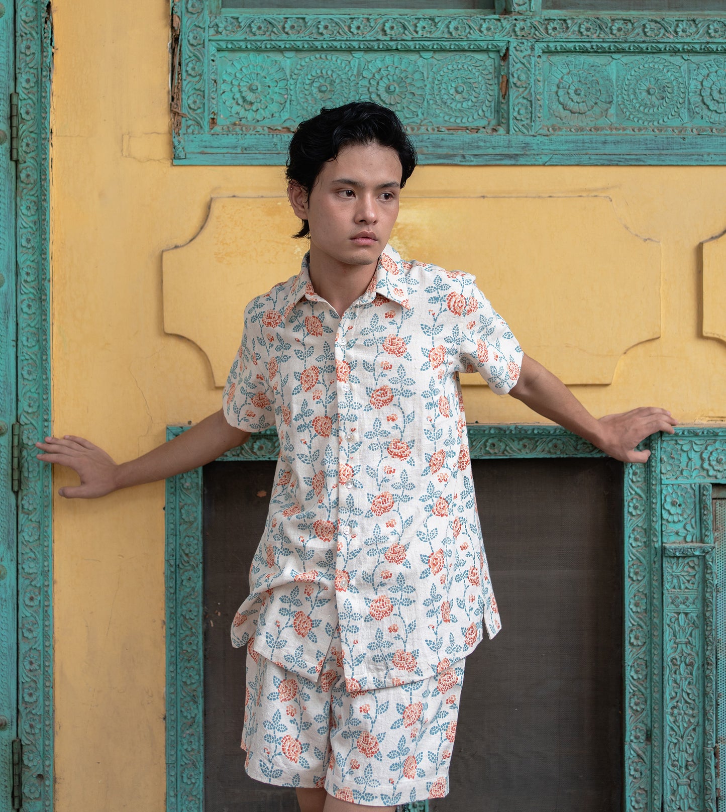 Rose Mosaic Mens Shirt Rust Blue | Harkoi Studio - Experience effortless charm in the Rose Mosaic, a sustainable- with precision and care. Keywords: rose, mosaic, mens, shirt, rust, blue, sustainable blue, eco-friendly fashion, mens shirt rust.