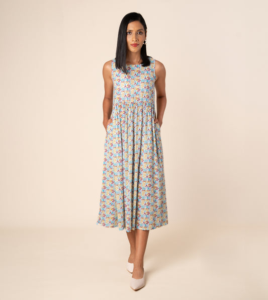 Suki Dress Girard | Harkoi Studio - Turn heads with the Suki Dress in the bold Girard pattern. Keywords: sustainable dress, eco-friendly fashion, Suki Dress, Girard-patterned dress, ethical clothing.