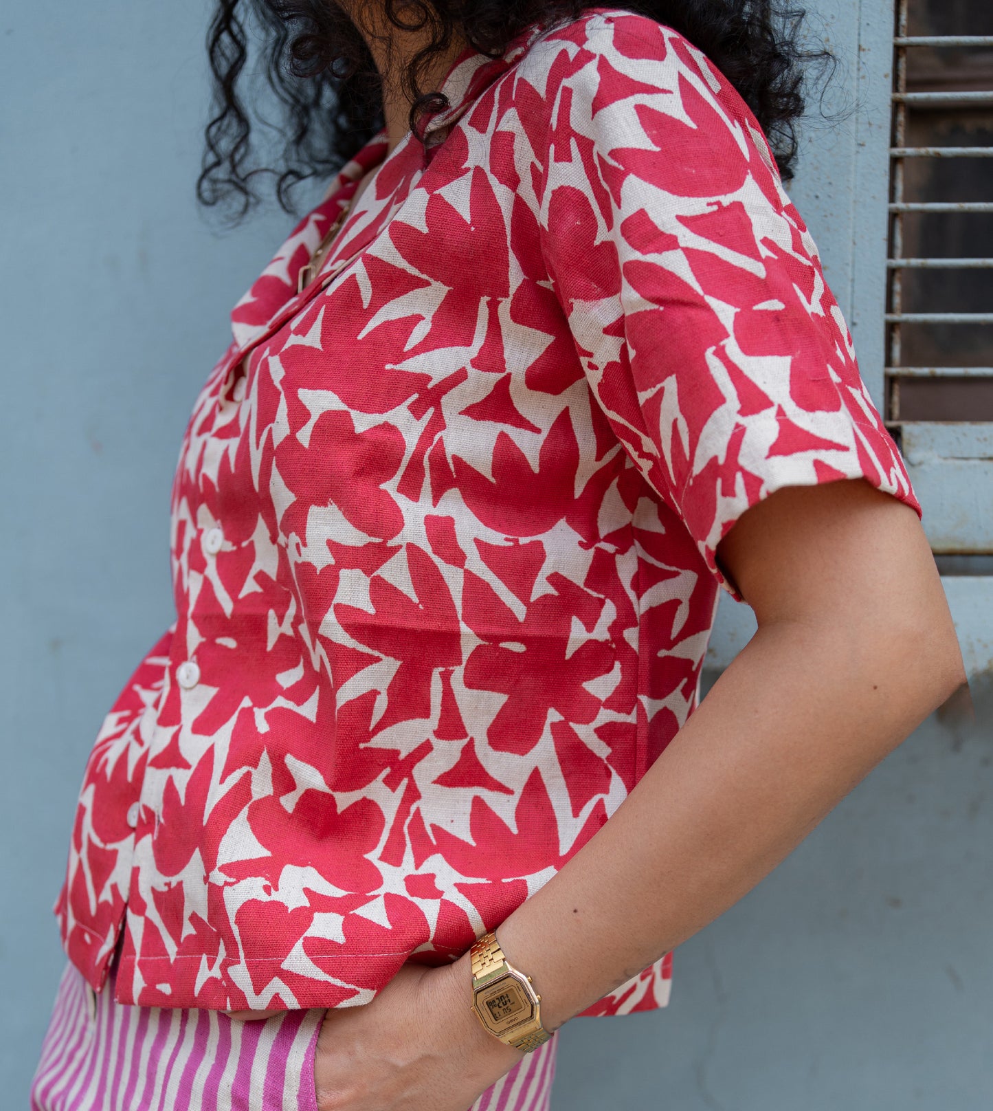 Abstract Shapes Camp Collar Top Red - Harkoi Studio - An embodiment of contemporary chic, the Abstract Shapes, a sustainable Ÿ?? crafted with precision and care. Keywords: abstract, shapes, camp, collar, top, red, sustainable red, eco-friendly fashion, camp collar top.