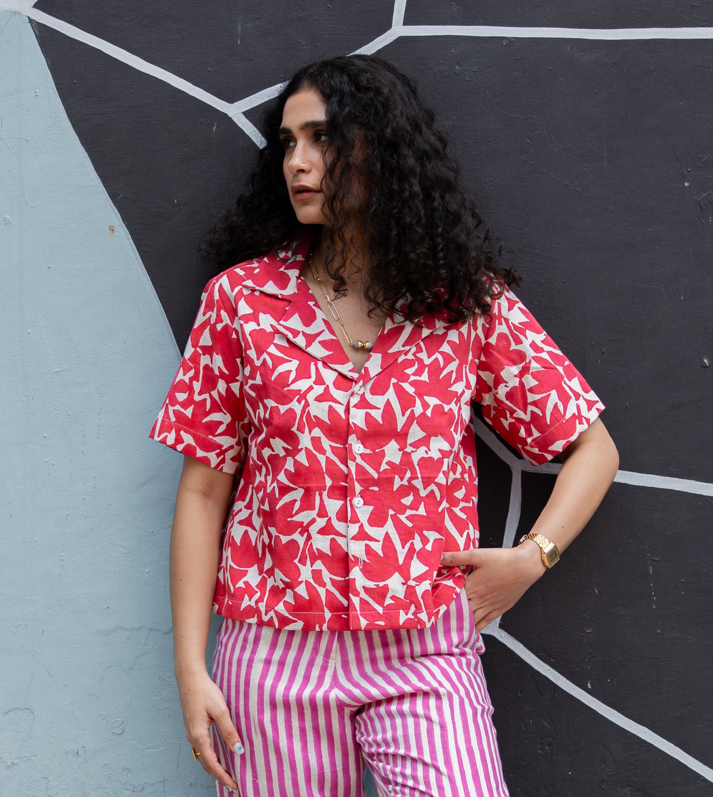 Abstract Shapes Camp Collar Top Red - Harkoi Studio - An embodiment of contemporary chic, the Abstract Shapes, a sustainable Ÿ?? crafted with precision and care. Keywords: abstract, shapes, camp, collar, top, red, sustainable red, eco-friendly fashion, camp collar top.