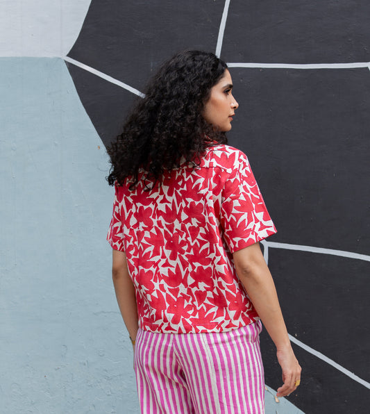 Abstract Shapes Camp Collar Top Red - Harkoi Studio - An embodiment of contemporary chic, the Abstract Shapes, a sustainable Ÿ?? crafted with precision and care. Keywords: abstract, shapes, camp, collar, top, red, sustainable red, eco-friendly fashion, camp collar top.
