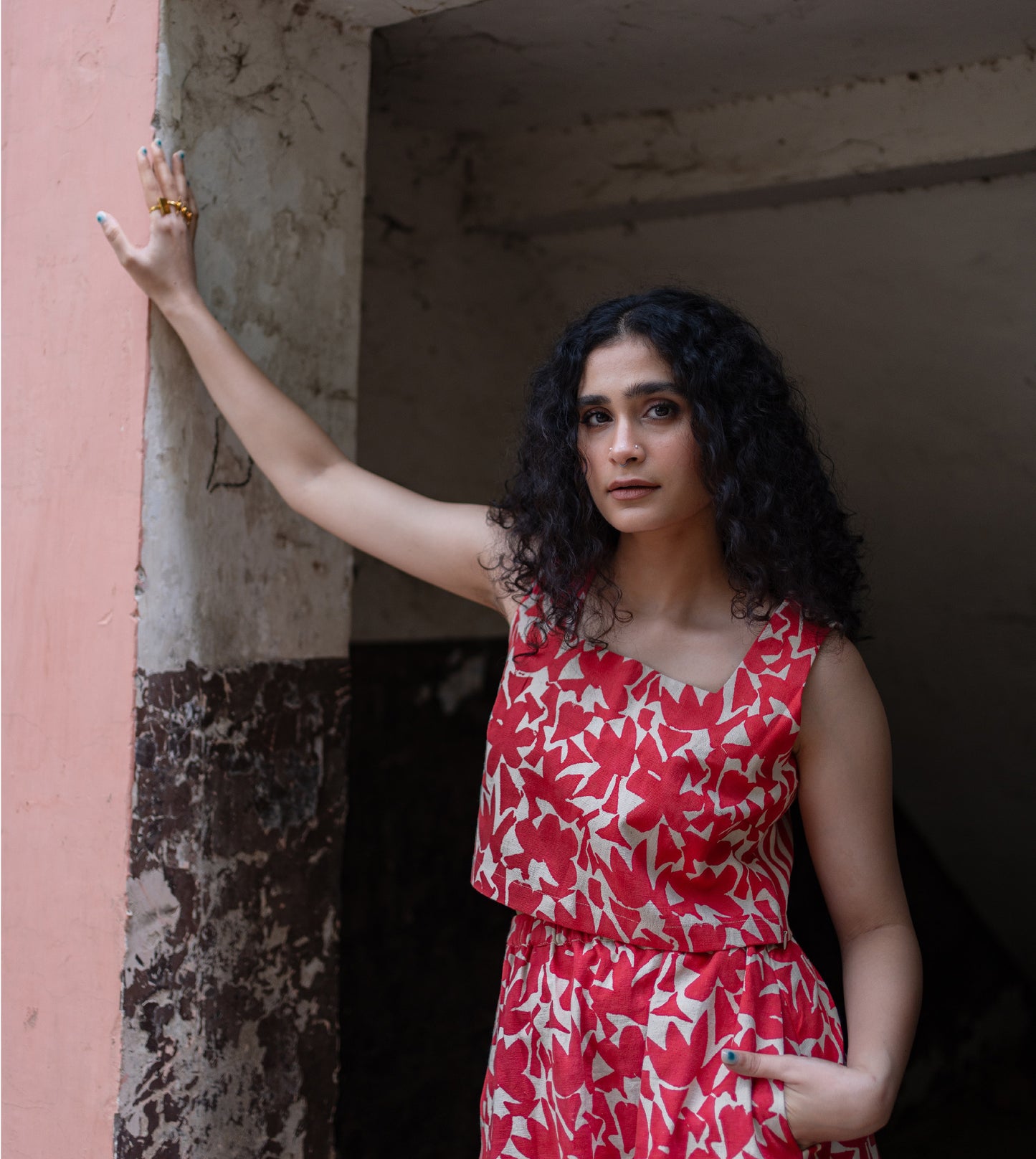 Dual Pattern Mei Top Red - Harkoi Studio - A timeless addition to your wardrobe, the Dual Pattern, a sustainable Ÿ?? crafted with precision and care. Keywords: dual, pattern, mei, top, red, sustainable red, eco-friendly fashion, mei top.
