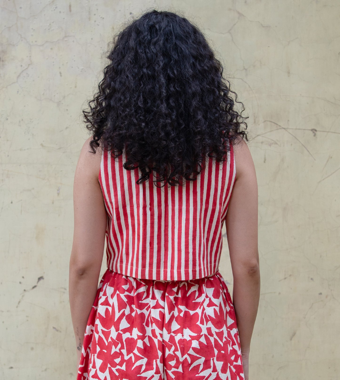 Dual Pattern Mei Top Red - Harkoi Studio - A timeless addition to your wardrobe, the Dual Pattern, a sustainable Ÿ?? crafted with precision and care. Keywords: dual, pattern, mei, top, red, sustainable red, eco-friendly fashion, mei top.