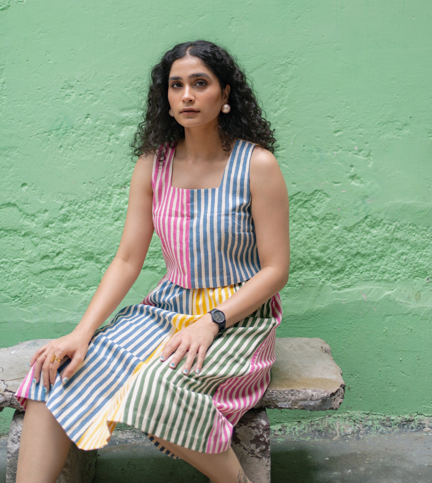 Stripes Yoko Skirt Multi - Harkoi Studio - Add a splash of color to your wardrobe with the Stripes Yoko Skirt in multi-color. Keywords: sustainable skirt, eco-friendly fashion, Stripes Yoko Skirt, multi-color skirt, ethical clothing.