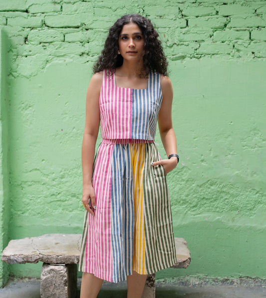 Stripes Yoko Skirt Multi - Harkoi Studio - Add a splash of color to your wardrobe with the Stripes Yoko Skirt in multi-color. Keywords: sustainable skirt, eco-friendly fashion, Stripes Yoko Skirt, multi-color skirt, ethical clothing.