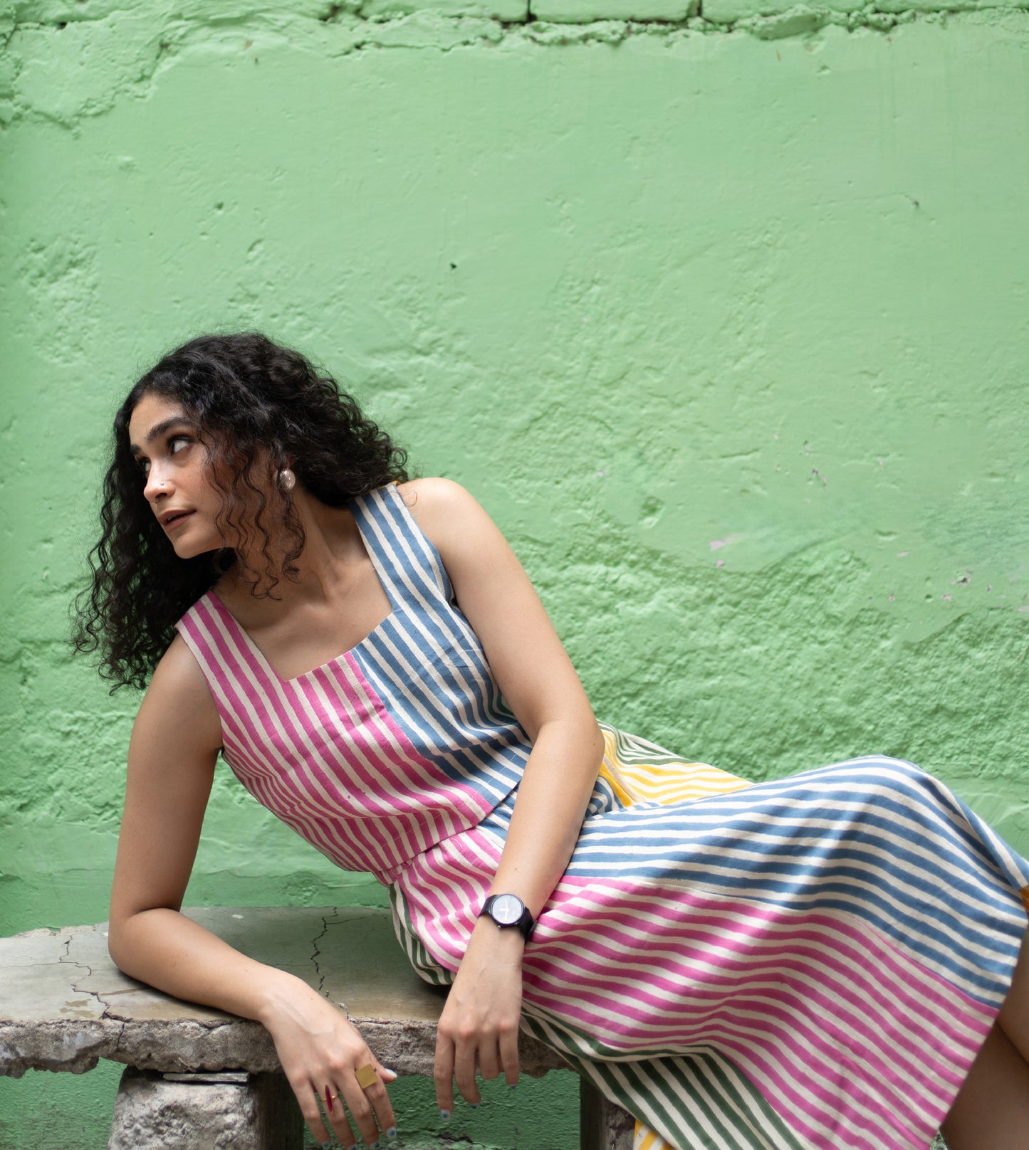 Stripes Yoko Skirt Multi - Harkoi Studio - Add a splash of color to your wardrobe with the Stripes Yoko Skirt in multi-color. Keywords: sustainable skirt, eco-friendly fashion, Stripes Yoko Skirt, multi-color skirt, ethical clothing.