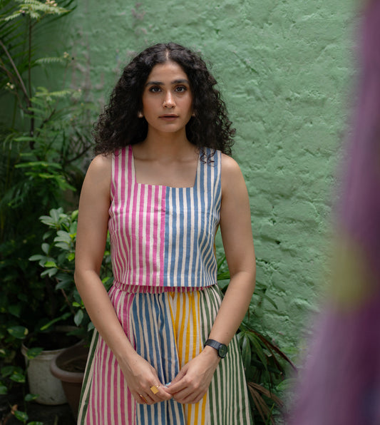 Stripes Mei Top Multi - Harkoi Studio - Add playful stripes to your wardrobe with the Stripes Mei Top in multi-color. Keywords: sustainable blouse, eco-friendly top, Stripes Mei Top, multi-color striped top, ethical fashion.