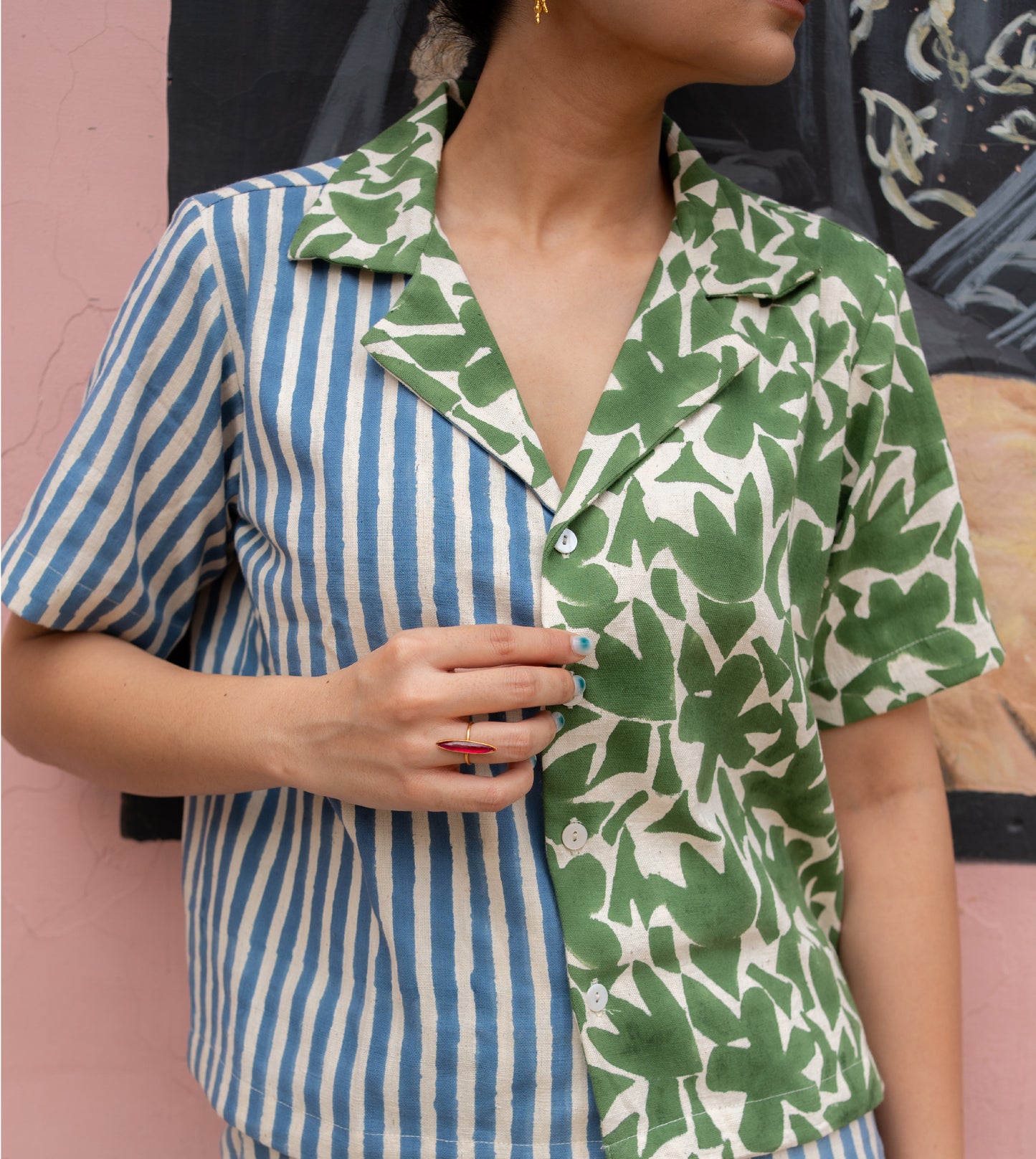 Dual Pattern Camp Collar Top Blue Green - Harkoi Studio - Fashioned to complement any outfit, the Dual Pattern, a sustainable Ÿ?? crafted with precision and care. Keywords: dual, pattern, camp, collar, top, blue, green, sustainable green, eco-friendly fashion, camp collar top blue.