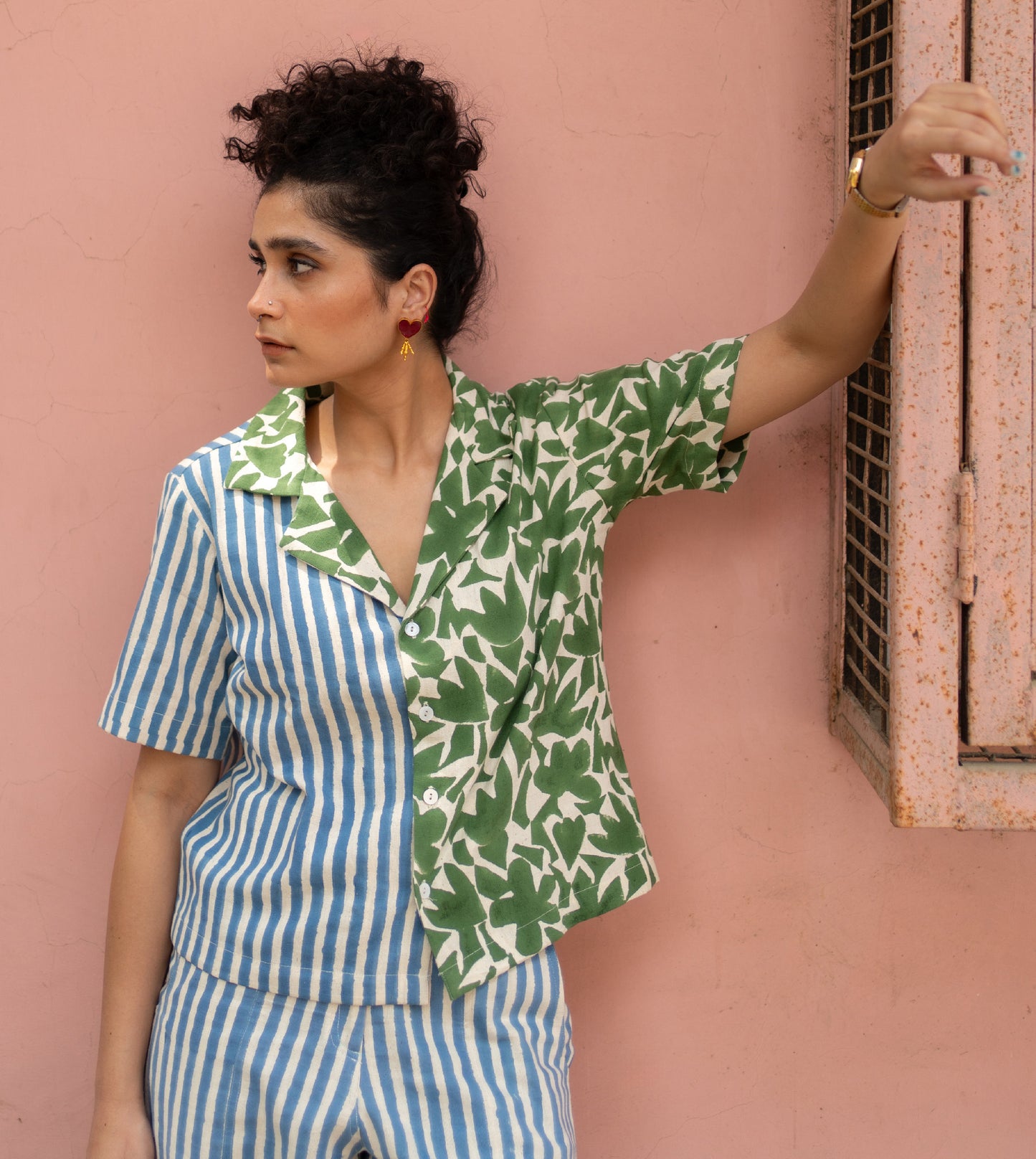 Dual Pattern Camp Collar Top Blue Green - Harkoi Studio - Fashioned to complement any outfit, the Dual Pattern, a sustainable Ÿ?? crafted with precision and care. Keywords: dual, pattern, camp, collar, top, blue, green, sustainable green, eco-friendly fashion, camp collar top blue.