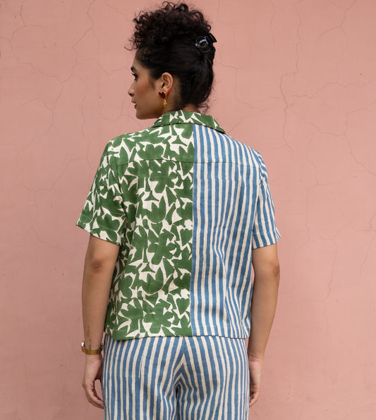 Dual Pattern Camp Collar Top Blue Green - Harkoi Studio - Fashioned to complement any outfit, the Dual Pattern, a sustainable Ÿ?? crafted with precision and care. Keywords: dual, pattern, camp, collar, top, blue, green, sustainable green, eco-friendly fashion, camp collar top blue.