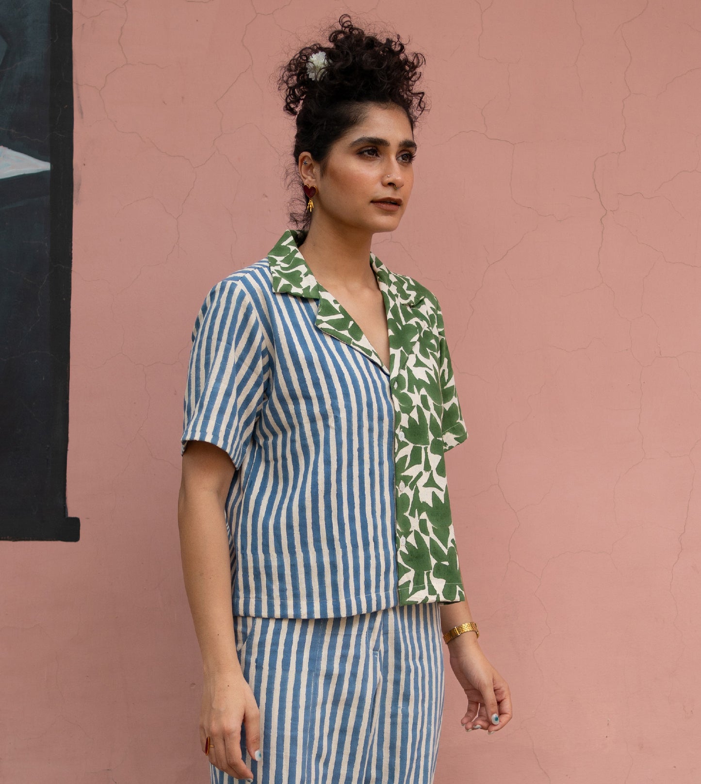 Dual Pattern Camp Collar Top Blue Green - Harkoi Studio - Fashioned to complement any outfit, the Dual Pattern, a sustainable Ÿ?? crafted with precision and care. Keywords: dual, pattern, camp, collar, top, blue, green, sustainable green, eco-friendly fashion, camp collar top blue.