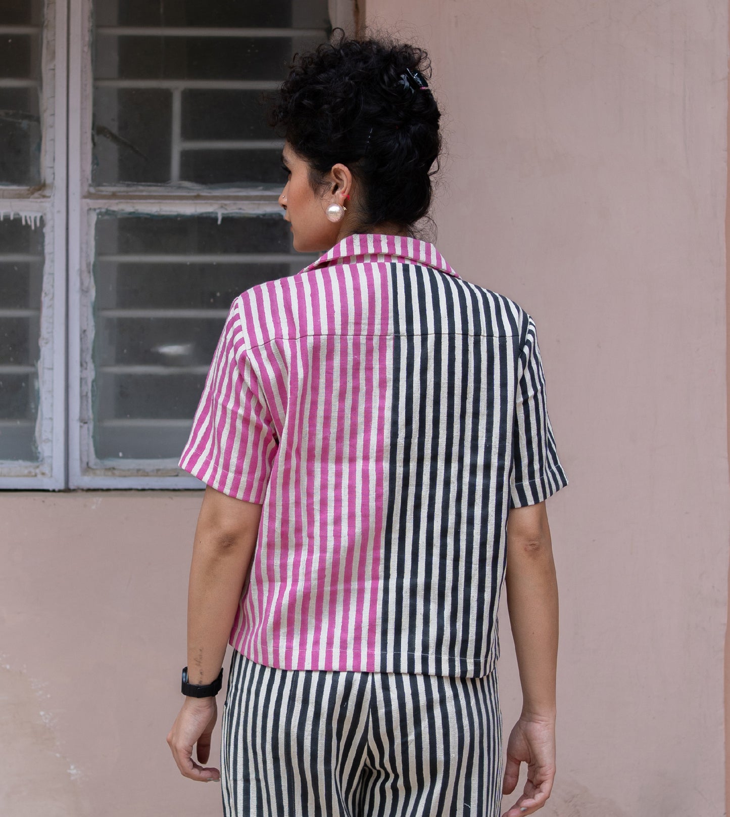 Dual Stripe Camp Collar Top Pink Black - Harkoi Studio - An ode to sustainable craftsmanship, the Dual Stripe, a sustainable Ÿ?? crafted with precision and care. Keywords: dual, stripe, camp, collar, top, pink, black, sustainable black, eco-friendly fashion, camp collar top pink.