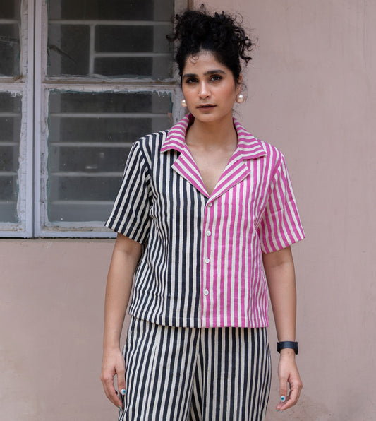 Dual Stripe Camp Collar Top Pink Black - Harkoi Studio - An ode to sustainable craftsmanship, the Dual Stripe, a sustainable Ÿ?? crafted with precision and care. Keywords: dual, stripe, camp, collar, top, pink, black, sustainable black, eco-friendly fashion, camp collar top pink.