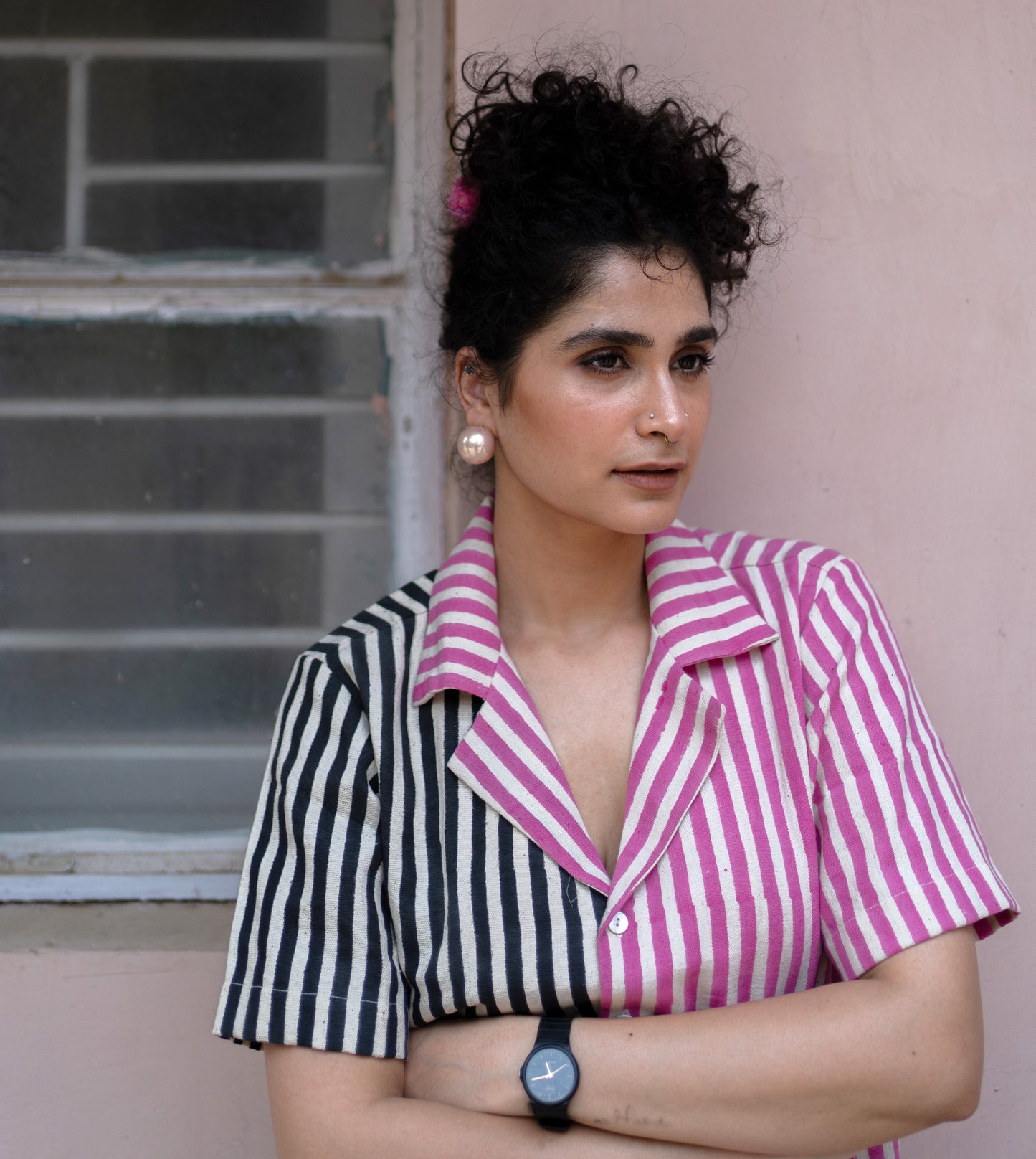 Dual Stripe Camp Collar Top Pink Black - Harkoi Studio - An ode to sustainable craftsmanship, the Dual Stripe, a sustainable Ÿ?? crafted with precision and care. Keywords: dual, stripe, camp, collar, top, pink, black, sustainable black, eco-friendly fashion, camp collar top pink.