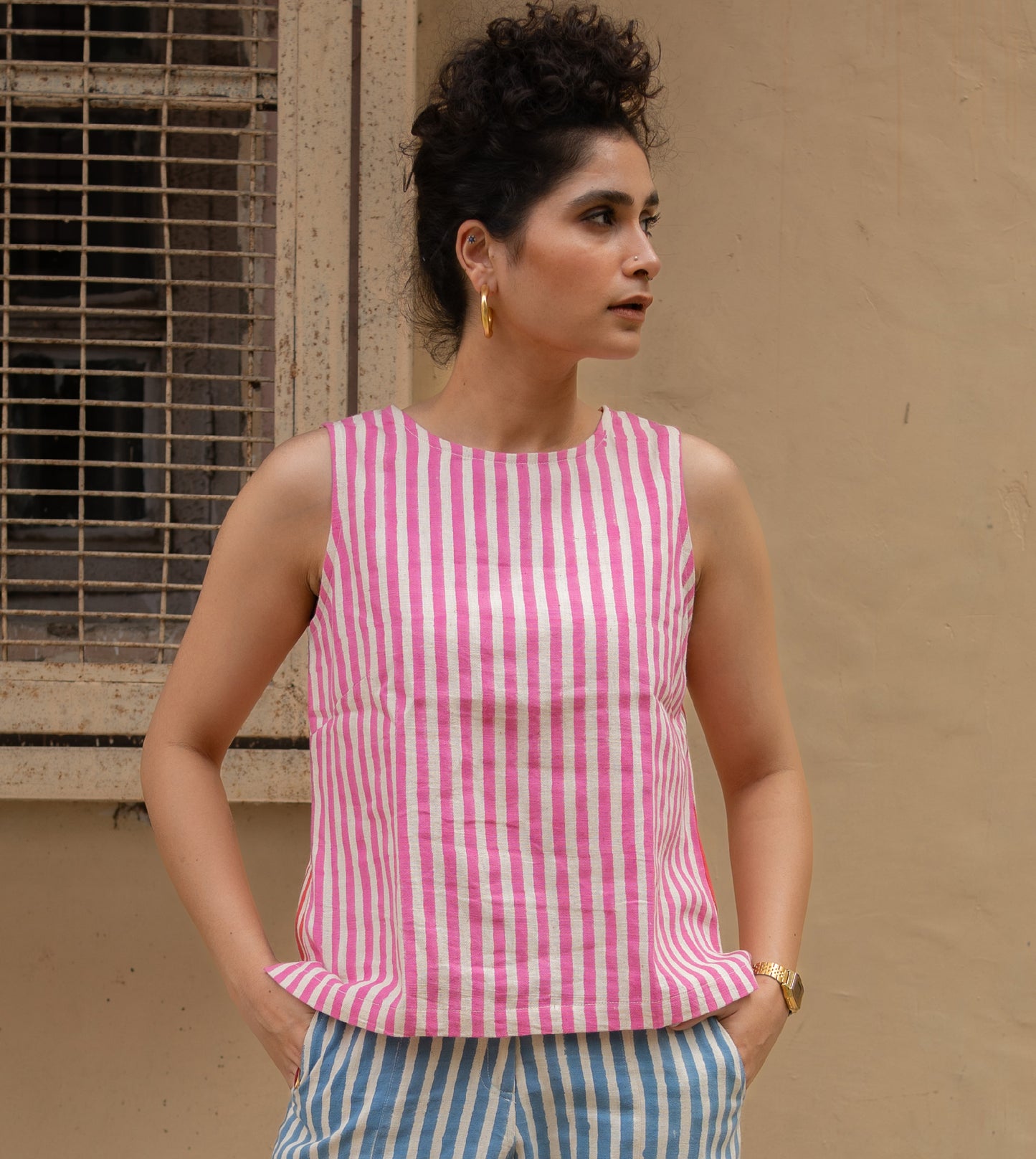 Dual Stripes Akira Top - Pink & Red - Harkoi - Make a bold statement with the Dual Stripes Akira Top in pink & red. Keywords: sustainable blouse, eco-friendly top, Akira Top, dual stripes blouse, pink and red top, ethical fashion.