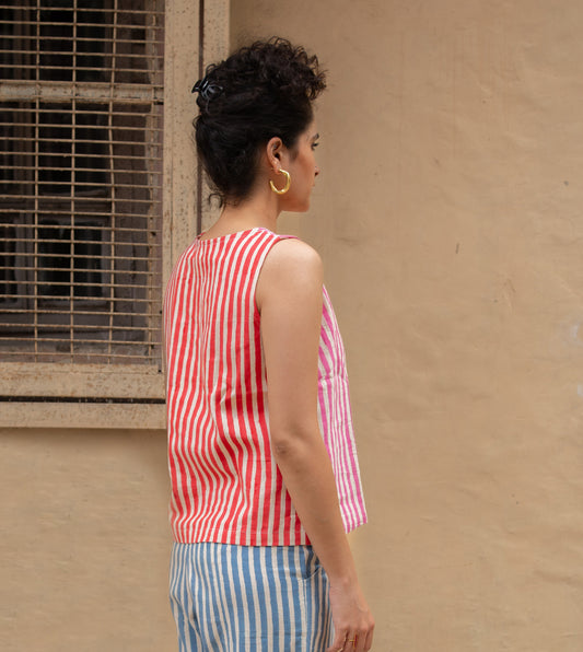 Dual Stripes Akira Top - Pink & Red - Harkoi - Make a bold statement with the Dual Stripes Akira Top in pink & red. Keywords: sustainable blouse, eco-friendly top, Akira Top, dual stripes blouse, pink and red top, ethical fashion.