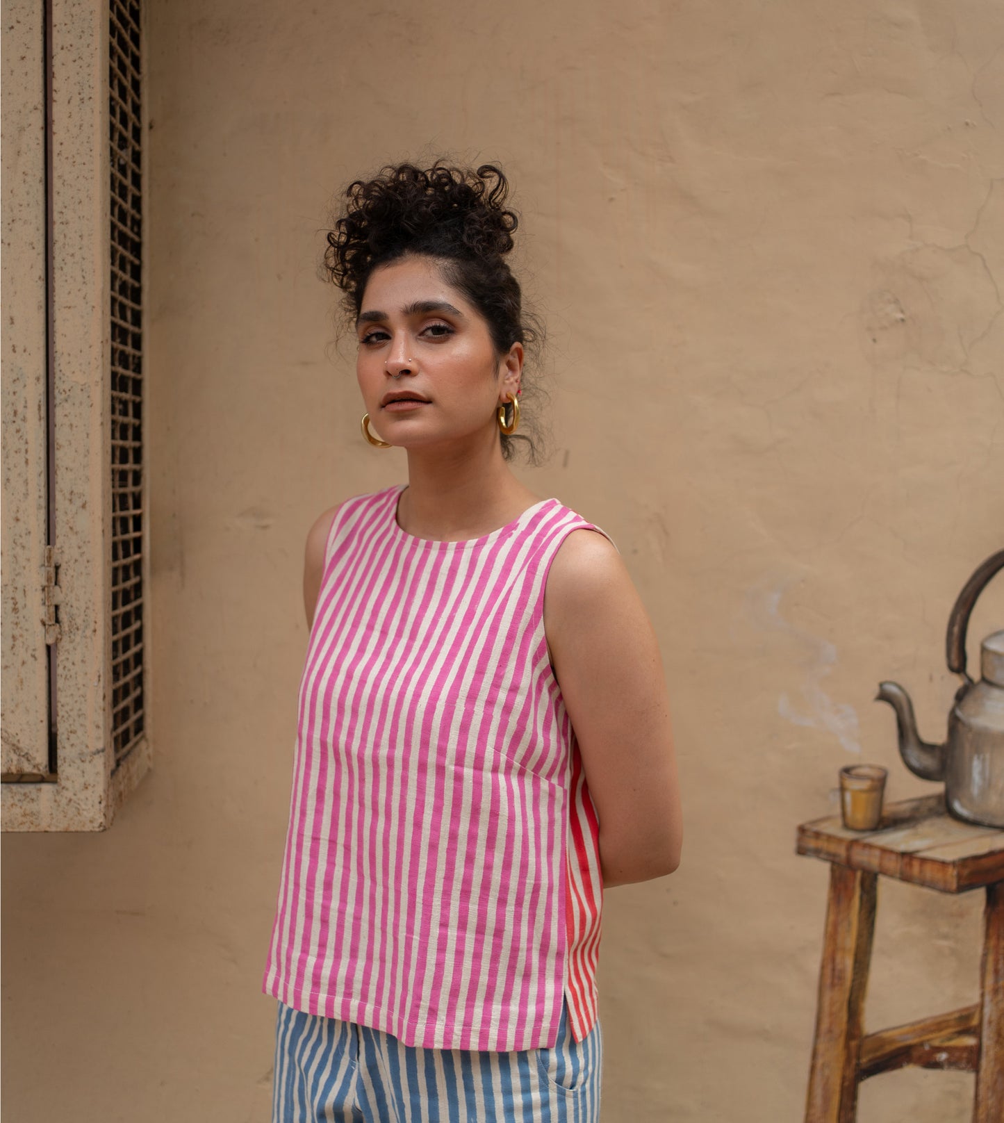 Dual Stripes Akira Top - Pink & Red - Harkoi - Make a bold statement with the Dual Stripes Akira Top in pink & red. Keywords: sustainable blouse, eco-friendly top, Akira Top, dual stripes blouse, pink and red top, ethical fashion.