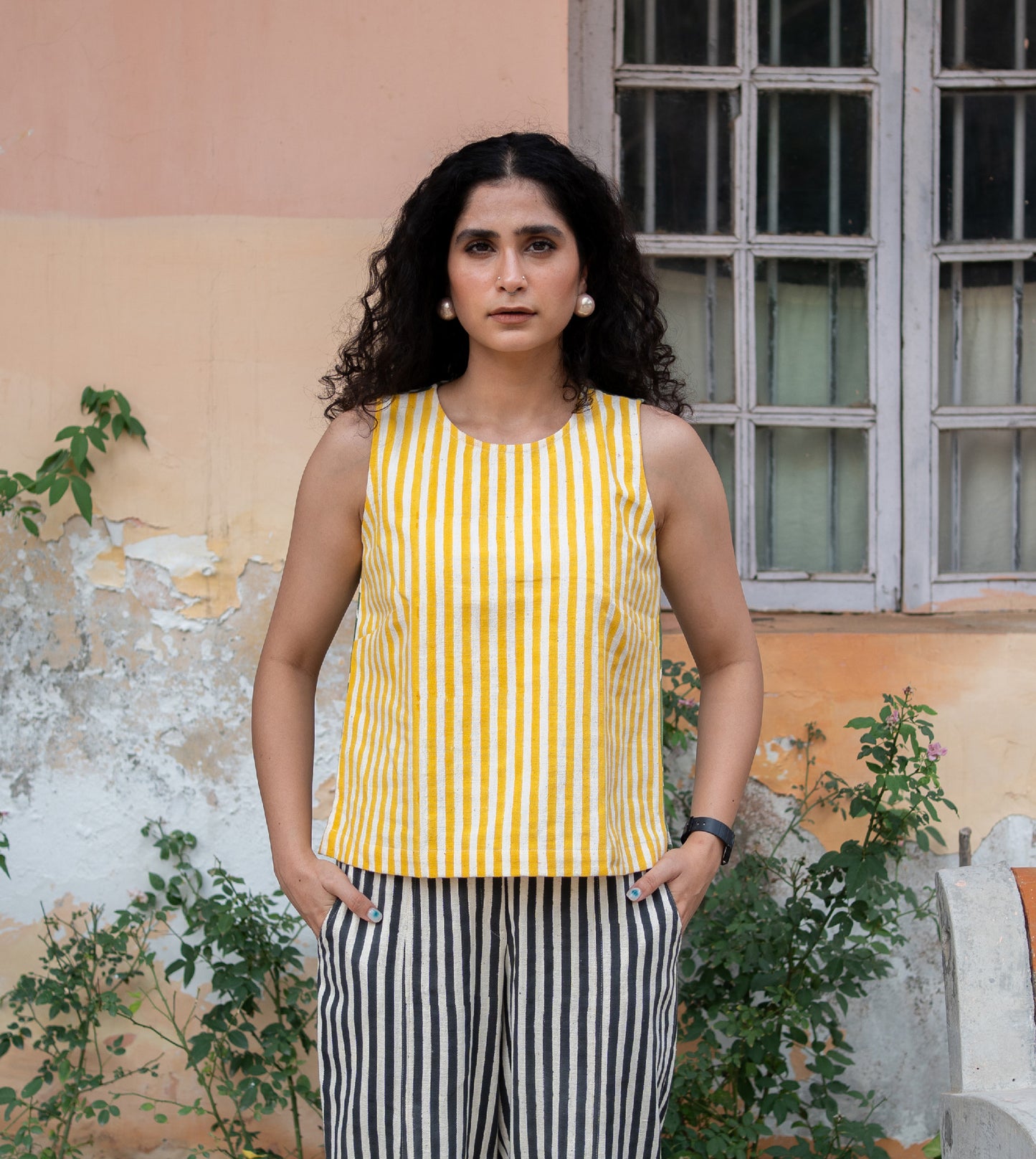 Dual Pattern Akira Top Yellow Green - Harkoi Studio - Make a bold statement with the Dual Pattern, a sustainable Ÿ?? crafted with precision and care. Keywords: dual, pattern, akira, top, yellow, green, sustainable green, eco-friendly fashion, akira top yellow.