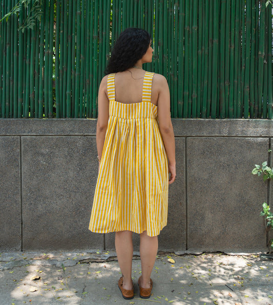Stripes Hana Dress Yellow | Harkoi Studio - A reflection of sustainable luxury, the Stripes Hana, a sustainable- crafted with precision and care. Keywords: stripes, hana, dress, yellow, sustainable yellow, eco-friendly fashion, dress.