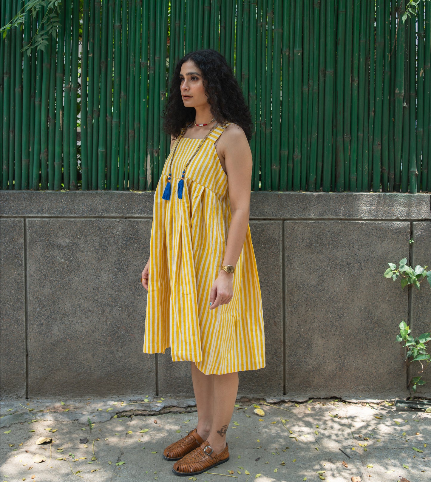 Stripes Hana Dress Yellow | Harkoi Studio - A reflection of sustainable luxury, the Stripes Hana, a sustainable- crafted with precision and care. Keywords: stripes, hana, dress, yellow, sustainable yellow, eco-friendly fashion, dress.