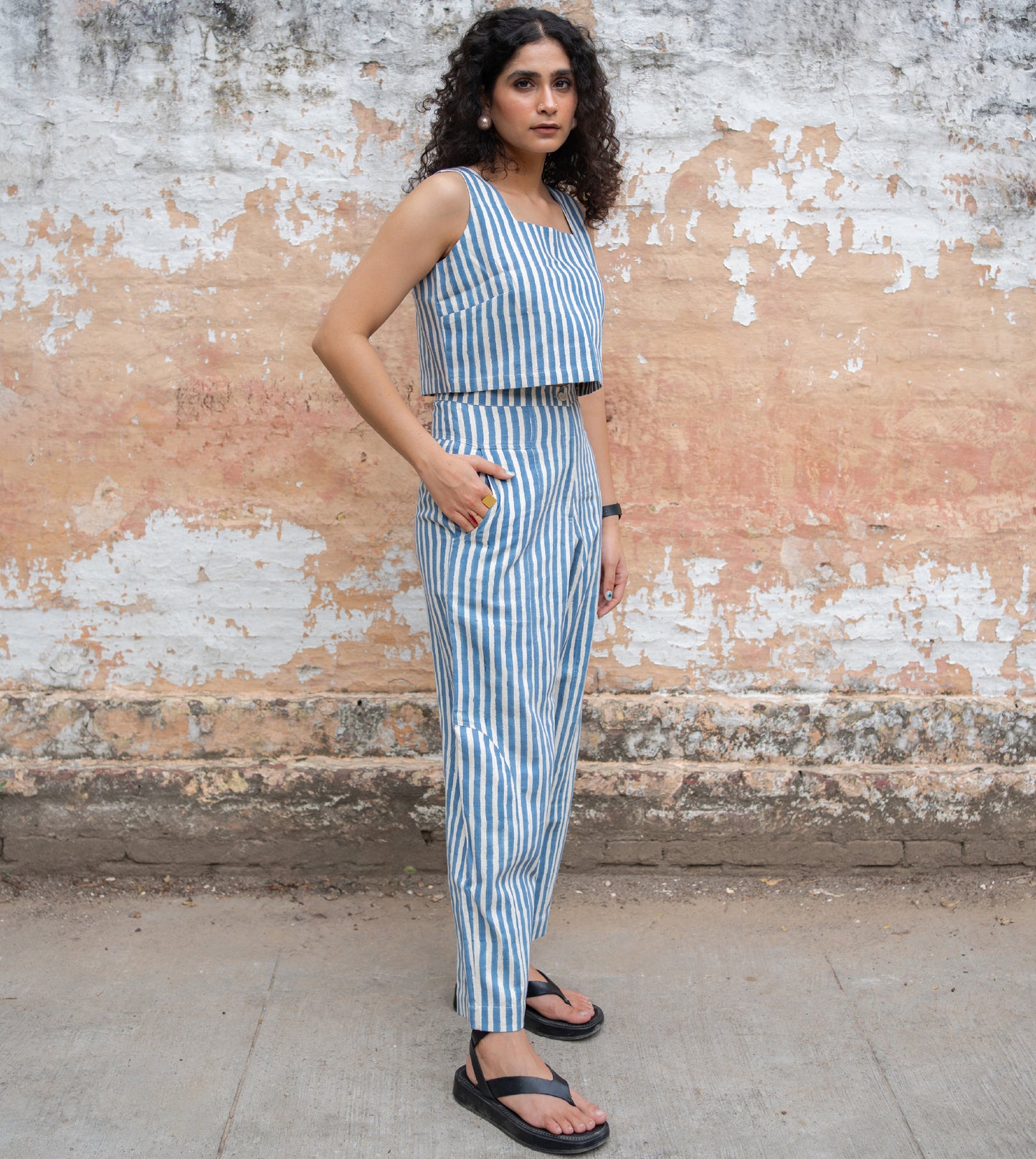 Stripes Emi Pants Blue - Harkoi Studio - Upgrade your wardrobe with the Stripes Emi Pants in blue. Keywords: sustainable pants, eco-friendly trousers, Stripes Emi Pants, blue striped pants, ethical fashion.