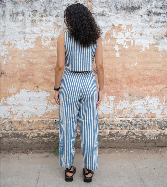 Stripes Emi Pants Blue - Harkoi Studio - Upgrade your wardrobe with the Stripes Emi Pants in blue. Keywords: sustainable pants, eco-friendly trousers, Stripes Emi Pants, blue striped pants, ethical fashion.