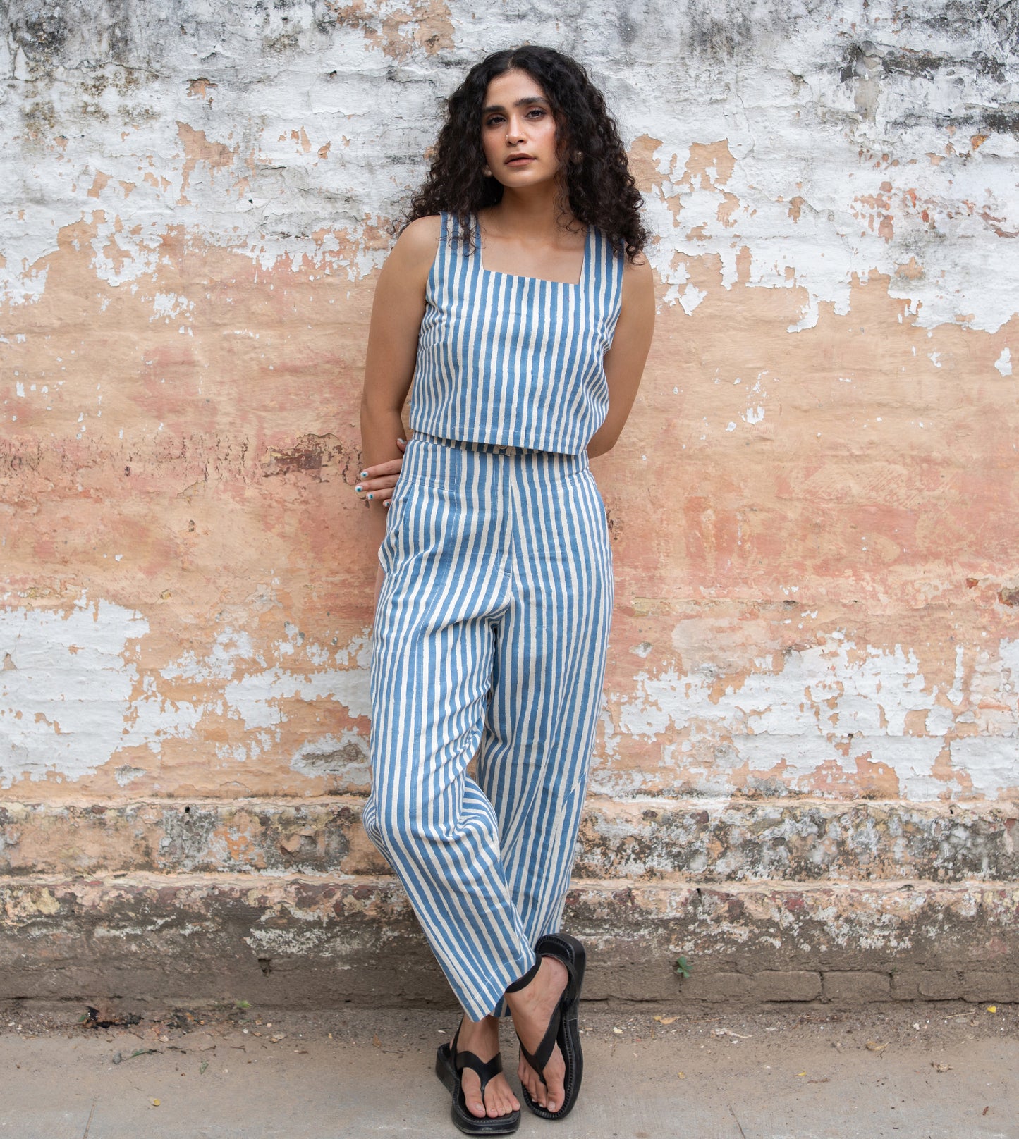 Stripes Emi Pants Blue - Harkoi Studio - Upgrade your wardrobe with the Stripes Emi Pants in blue. Keywords: sustainable pants, eco-friendly trousers, Stripes Emi Pants, blue striped pants, ethical fashion.